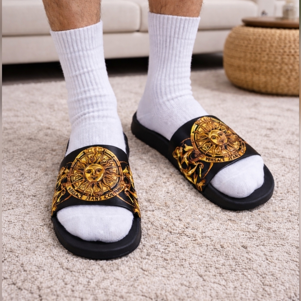 🌞Versace Jeans Couture Black and Gold Sun Medallion Slides🌞